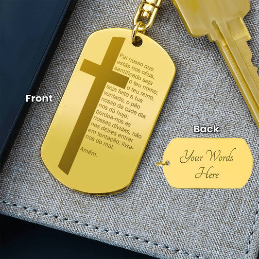 Lord's Prayer Portuguese Pai Nosso Engraved Dog Tag Bible Keychain Stainless Steel or 18k Gold-Express Your Love Gifts