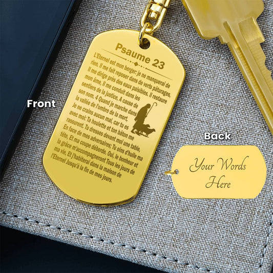 Psalm 23 French Psaume 23 Engraved Dog Tag Bible Keychain Stainless Steel or 18k Gold-Express Your Love Gifts