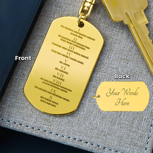 Ten Commandments Polish Przykazań Bożych Engraved Dog Tag Bible Keychain Stainless Steel or 18k Gold-Express Your Love Gifts