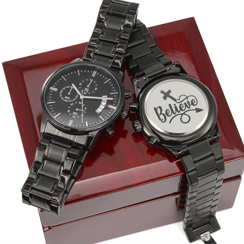 Believe Engraved Bible Verse Men's Watch Multifunction Stainless Steel W Copper Dial