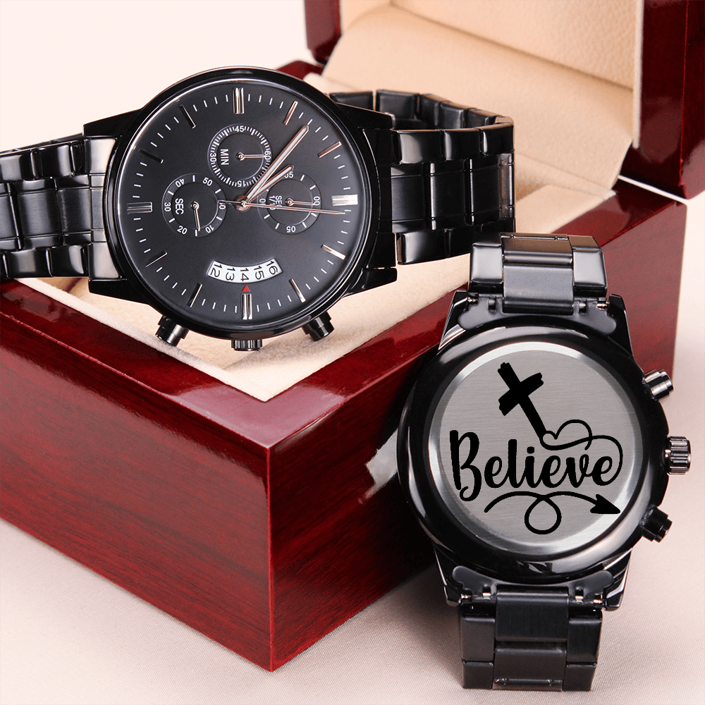 Believe Engraved Bible Verse Men's Watch Multifunction Stainless Steel W Copper Dial