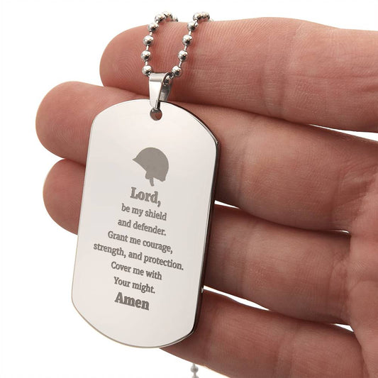 Soldiers Prayer Engraved Dog Tag Bible Necklace Stainless Steel or 18k Gold w 24" Chain