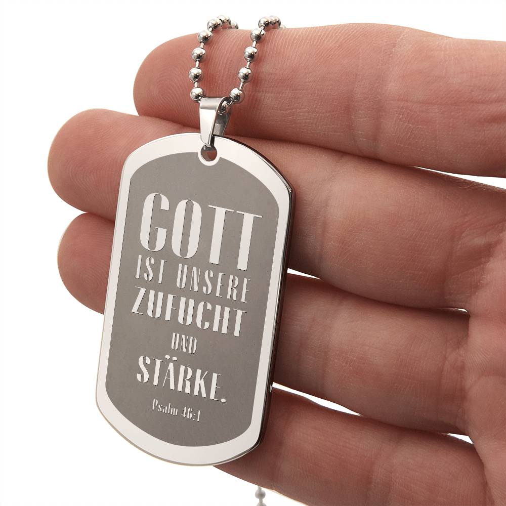 Psalm 46:10 God is Our Refuge and Strength German Engraved Dog Tag Bible Necklace Stainless Steel or 18k Gold w 24" Chain