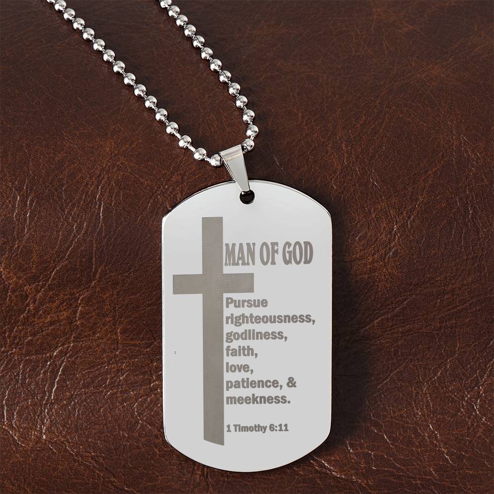 Man of God Pursuing 1 Timothy 6.11 Engraved Dog Tag Necklace Stainless Steel or 18k Gold w 24" Chain-Express Your Love Gifts