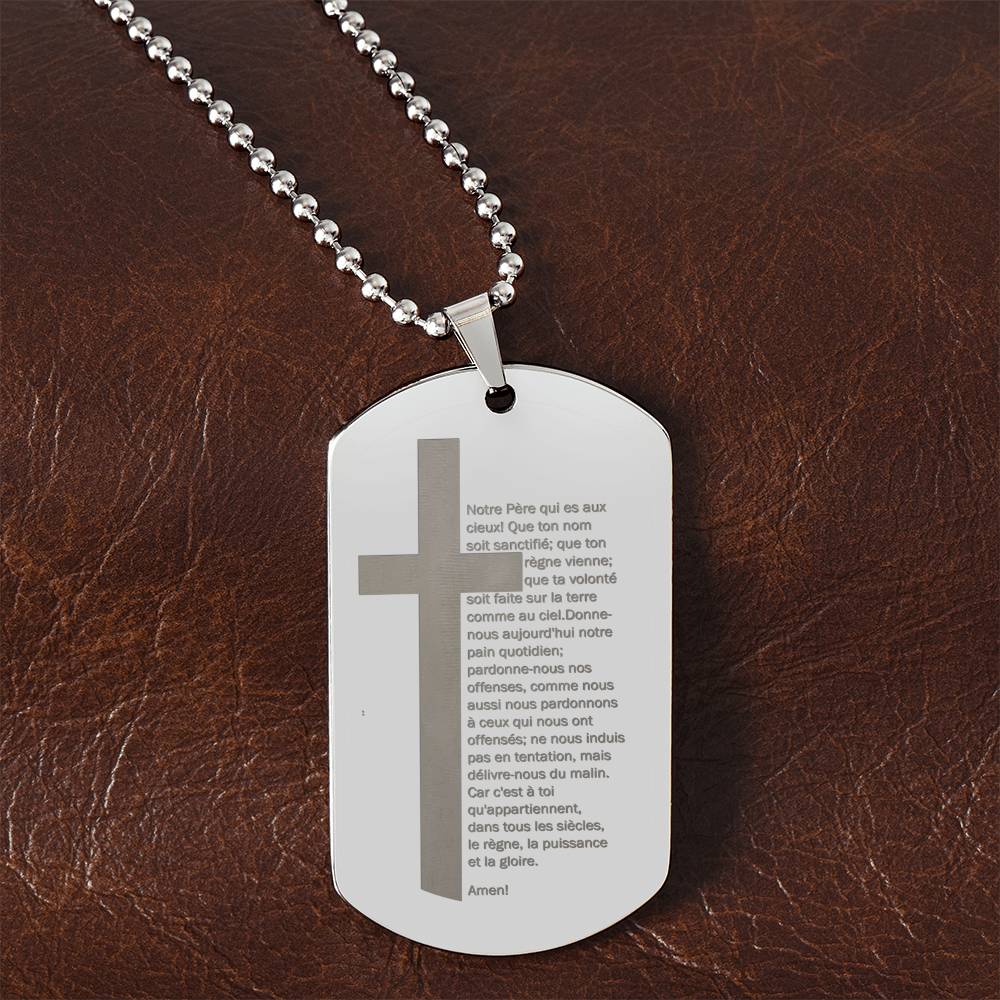 Lord's Prayer French Notre Père Dogtag Engraved Dog Tag Necklace Stainless Steel or 18k Gold w 24" Chain-Express Your Love Gifts