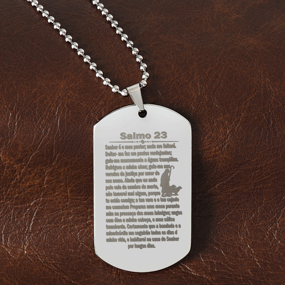 Psalm 23 Portuguese Salmo 23 Engraved Dog Tag Necklace Stainless Steel or 18k Gold w 24" Chain-Express Your Love Gifts