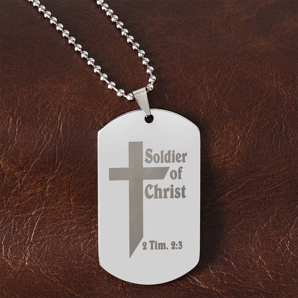 Soldier of Christ 2 Tim 2 3 Engraved Dog Tag Necklace Stainless Steel or 18k Gold w 24" Chain-Express Your Love Gifts