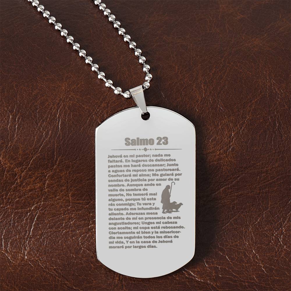 Psalm 23 Spanish Salmo 23 Engraved Dog Tag Necklace Stainless Steel or 18k Gold w 24" Chain-Express Your Love Gifts