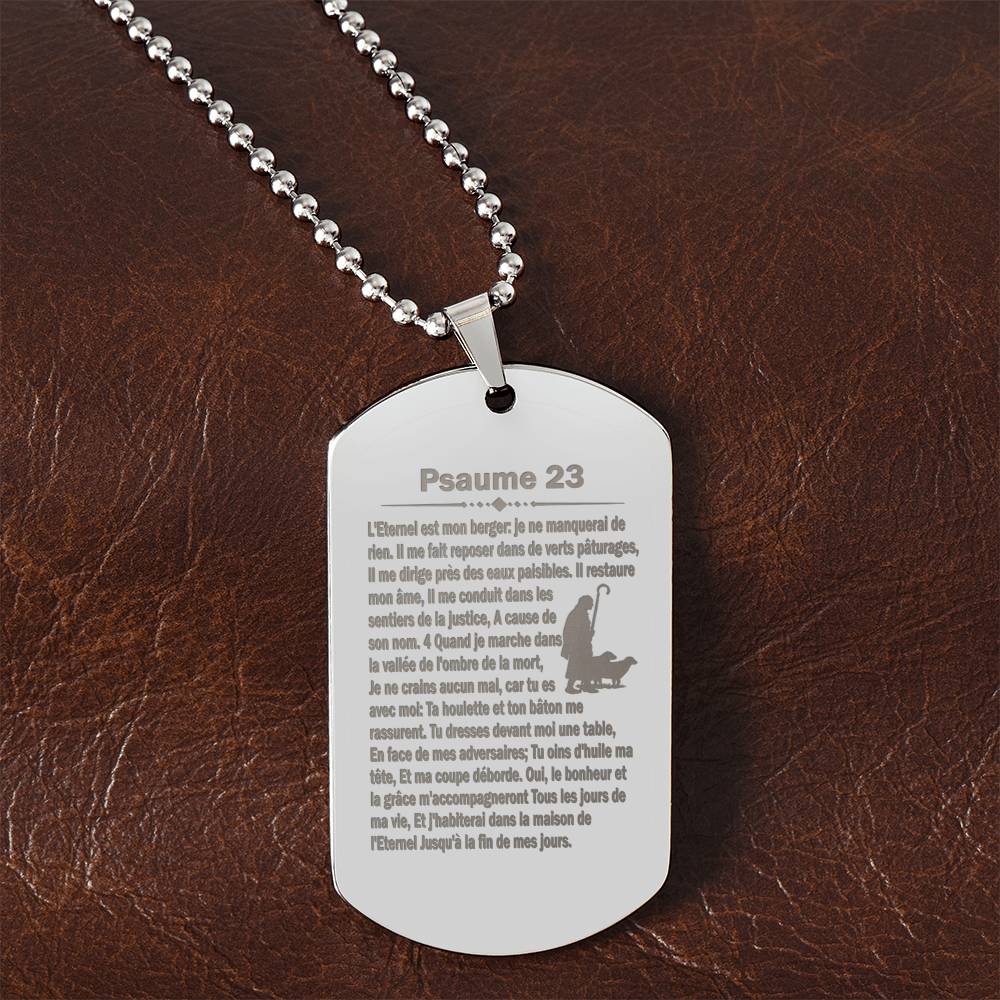 Psalm 23 French Psaume 23 Engraved Dog Tag Necklace Stainless Steel or 18k Gold w 24" Chain-Express Your Love Gifts