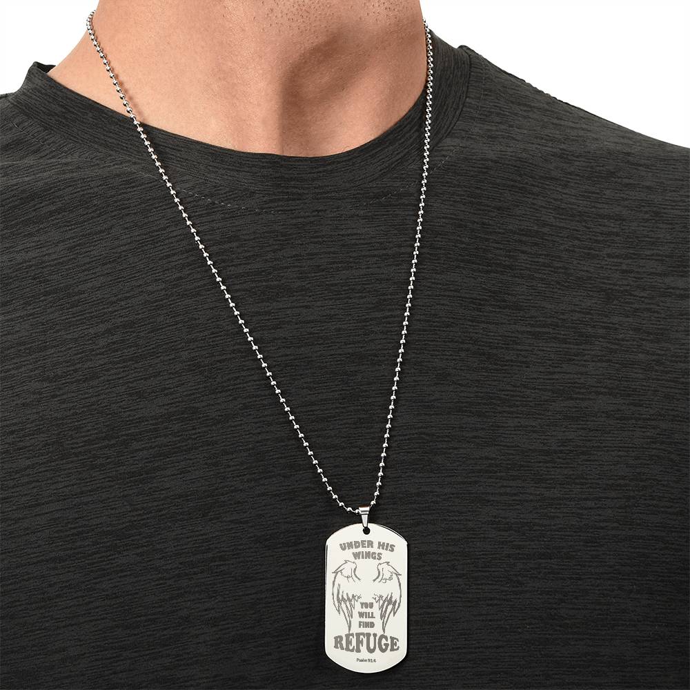 Psalm 91 Refuge Under His Wings Engraved Dog Tag Necklace Stainless Steel or 18k Gold w 24" Chain-Express Your Love Gifts