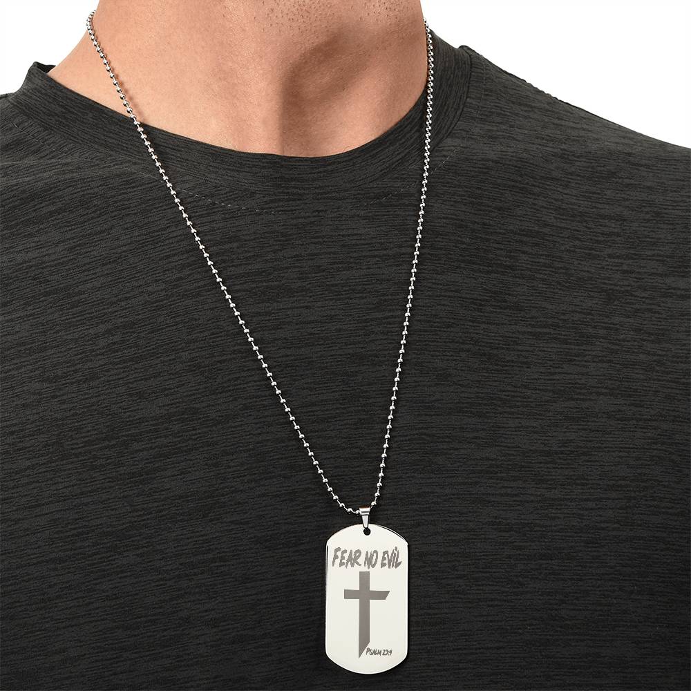 Fear No Evil Psalm 23.4 Engraved Dog Tag Necklace Stainless Steel or 18k Gold w 24" Chain-Express Your Love Gifts
