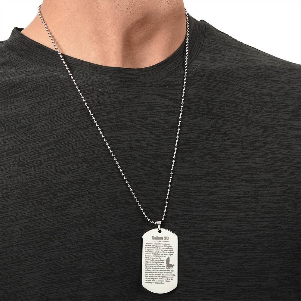 Psalm 23 Spanish Salmo 23 Engraved Dog Tag Necklace Stainless Steel or 18k Gold w 24" Chain-Express Your Love Gifts