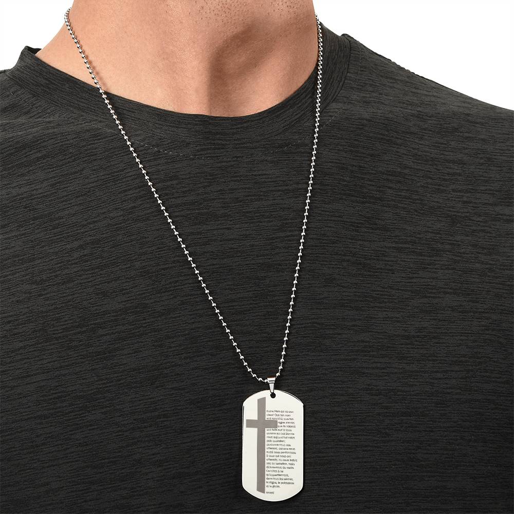 Lord's Prayer French Notre Père Dogtag Engraved Dog Tag Necklace Stainless Steel or 18k Gold w 24" Chain-Express Your Love Gifts