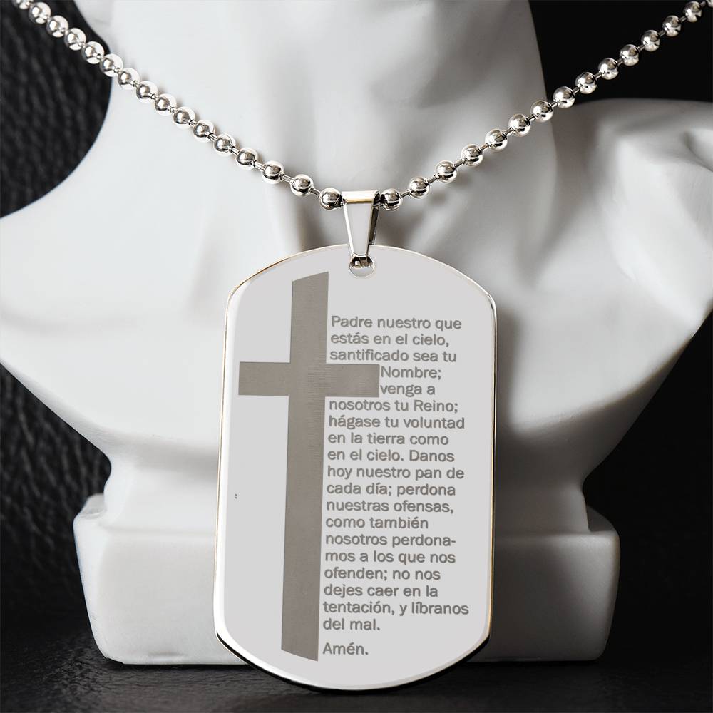 Lords Prayer Spanish Padre Nuestro Engraved Dog Tag Necklace Stainless Steel or 18k Gold w 24" Chain-Express Your Love Gifts
