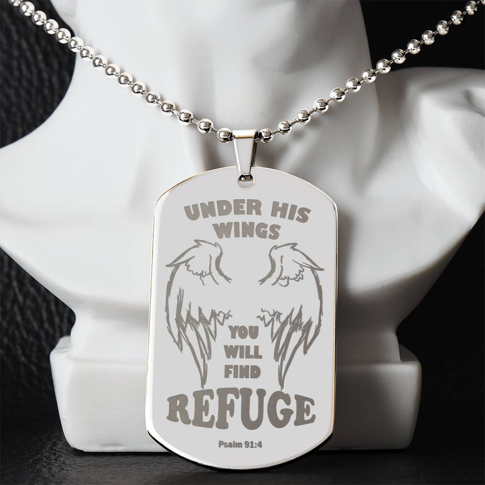 Psalm 91 Refuge Under His Wings Engraved Dog Tag Necklace Stainless Steel or 18k Gold w 24" Chain-Express Your Love Gifts