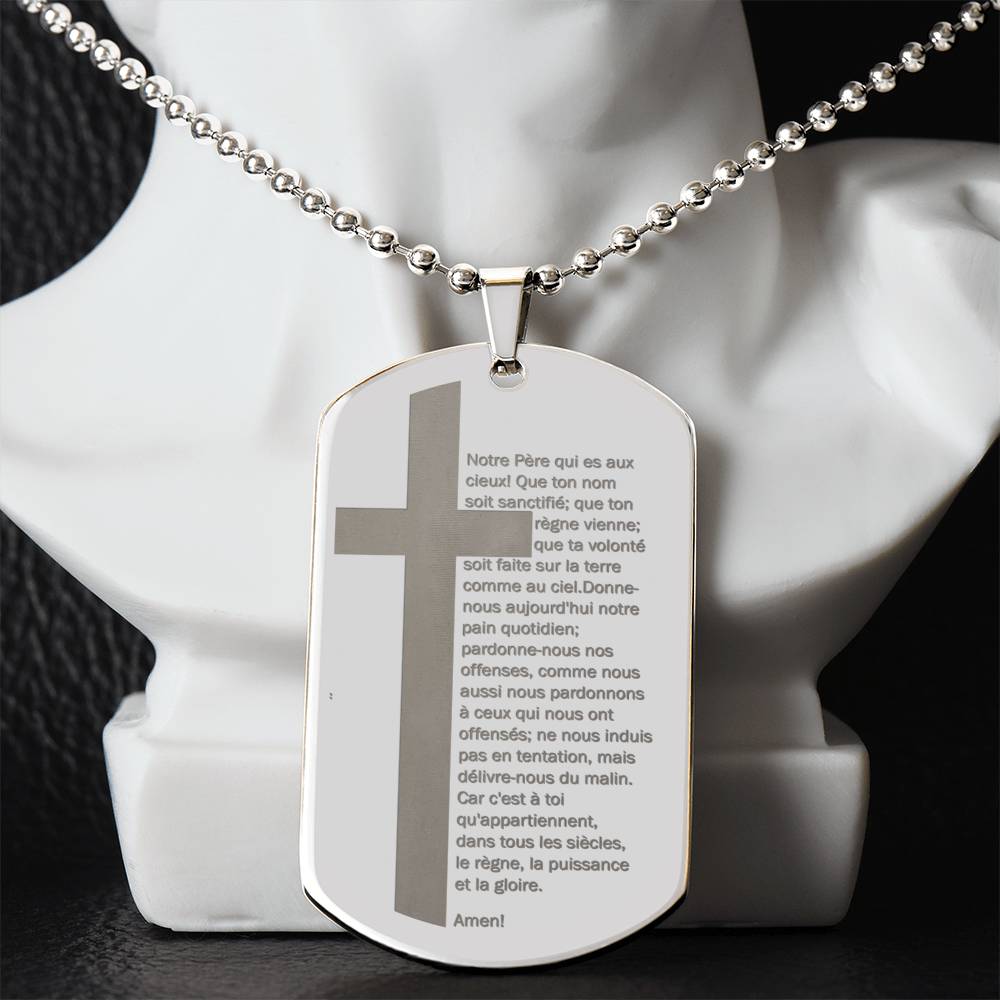 Lord's Prayer French Notre Père Dogtag Engraved Dog Tag Necklace Stainless Steel or 18k Gold w 24" Chain-Express Your Love Gifts