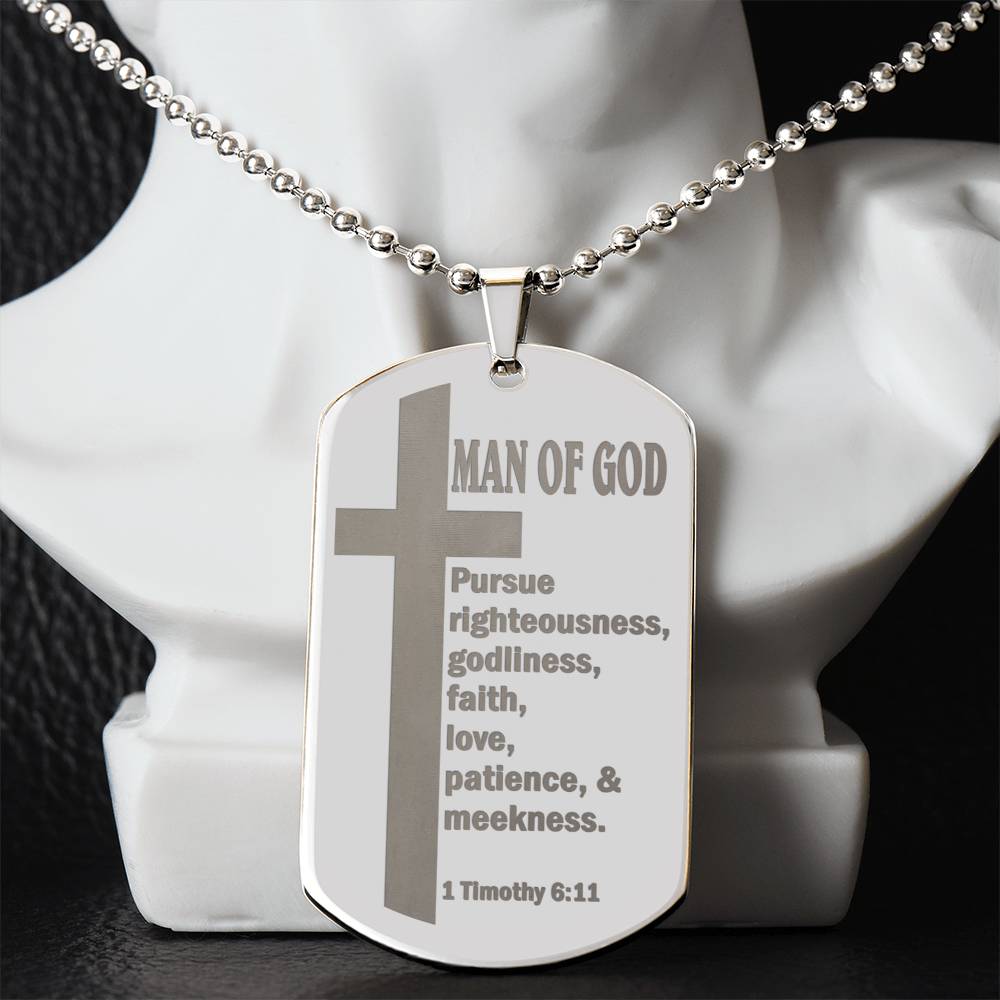 Man of God Pursuing 1 Timothy 6.11 Engraved Dog Tag Necklace Stainless Steel or 18k Gold w 24" Chain-Express Your Love Gifts