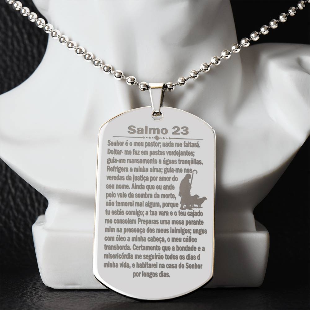 Psalm 23 Portuguese Salmo 23 Engraved Dog Tag Necklace Stainless Steel or 18k Gold w 24" Chain-Express Your Love Gifts