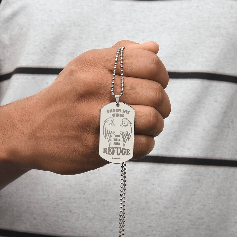 Psalm 91 Refuge Under His Wings Engraved Dog Tag Necklace Stainless Steel or 18k Gold w 24" Chain-Express Your Love Gifts