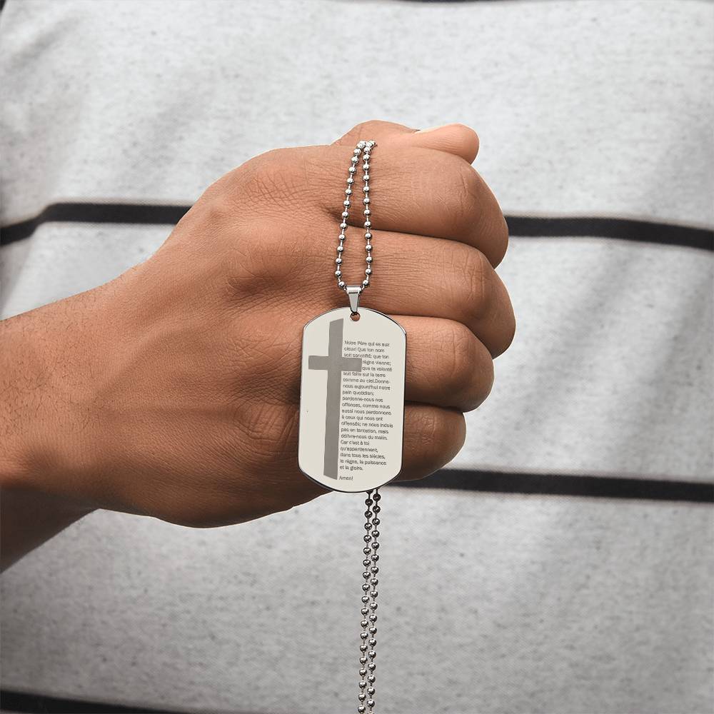 Lord's Prayer French Notre Père Dogtag Engraved Dog Tag Necklace Stainless Steel or 18k Gold w 24" Chain-Express Your Love Gifts