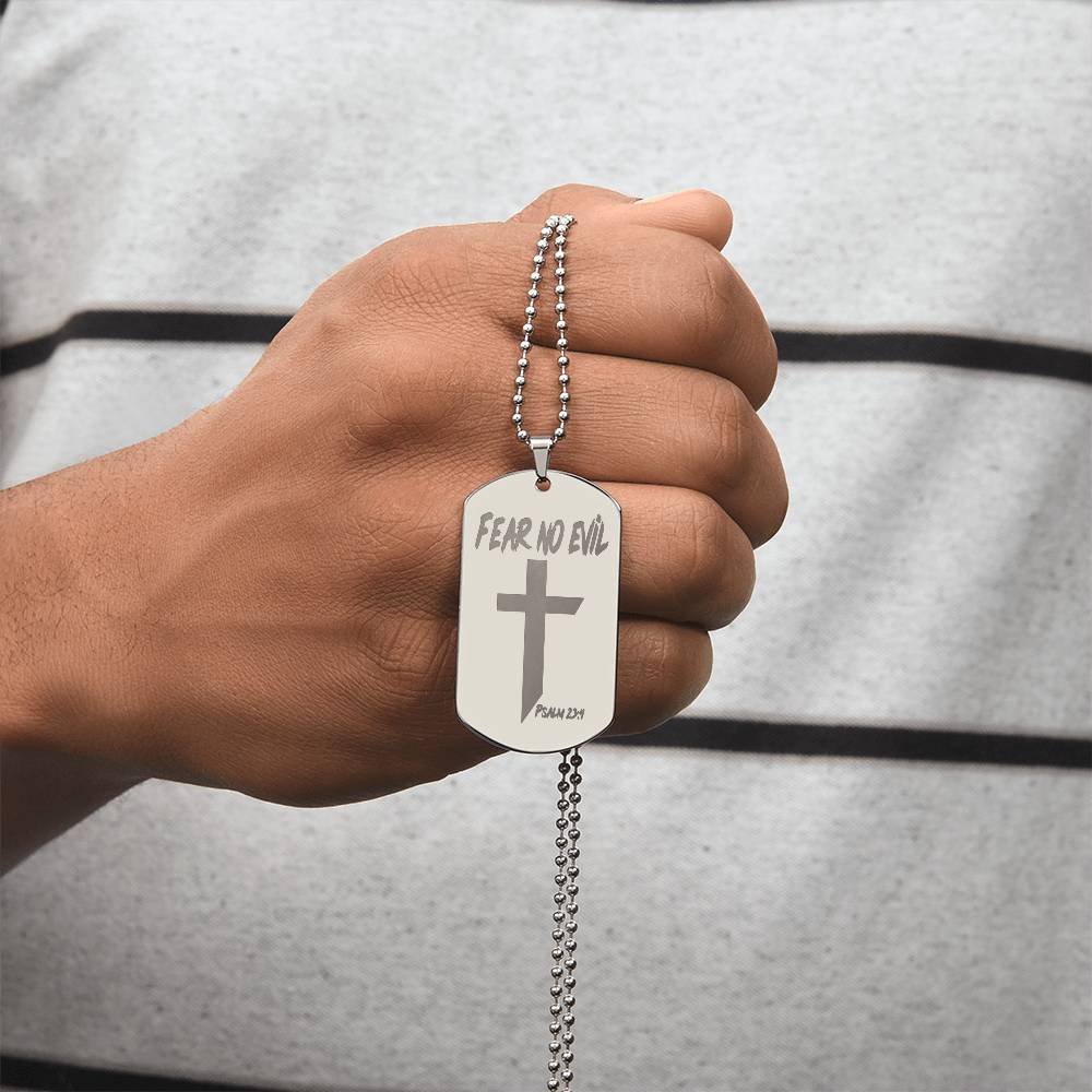 Fear No Evil Psalm 23.4 Engraved Dog Tag Necklace Stainless Steel or 18k Gold w 24" Chain-Express Your Love Gifts