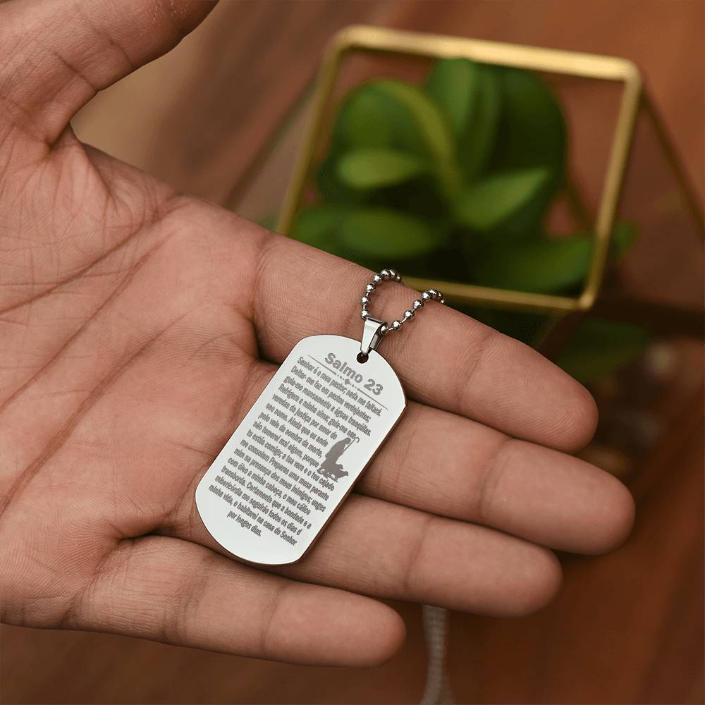Psalm 23 Portuguese Salmo 23 Engraved Dog Tag Necklace Stainless Steel or 18k Gold w 24" Chain-Express Your Love Gifts