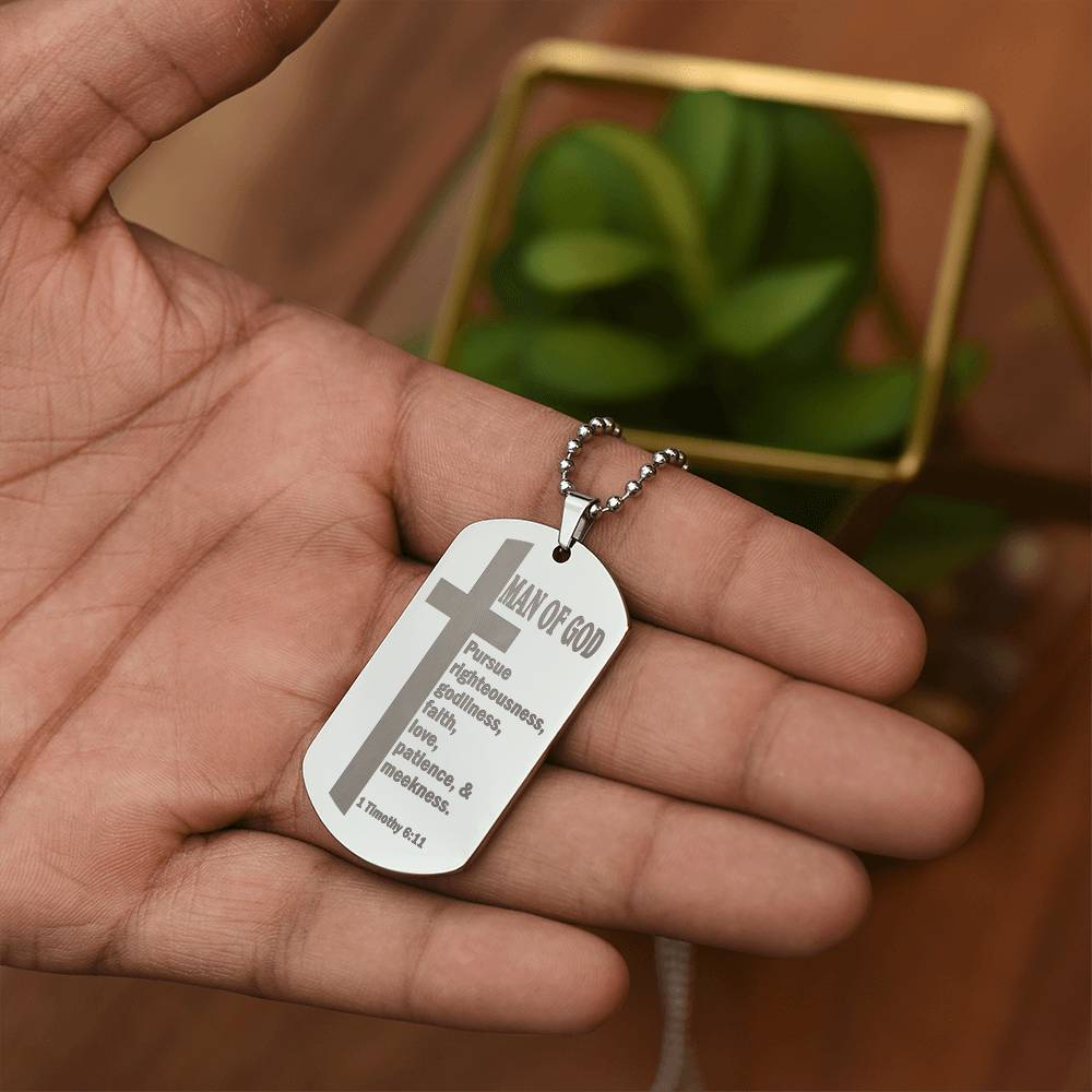 Man of God Pursuing 1 Timothy 6.11 Engraved Dog Tag Necklace Stainless Steel or 18k Gold w 24" Chain-Express Your Love Gifts