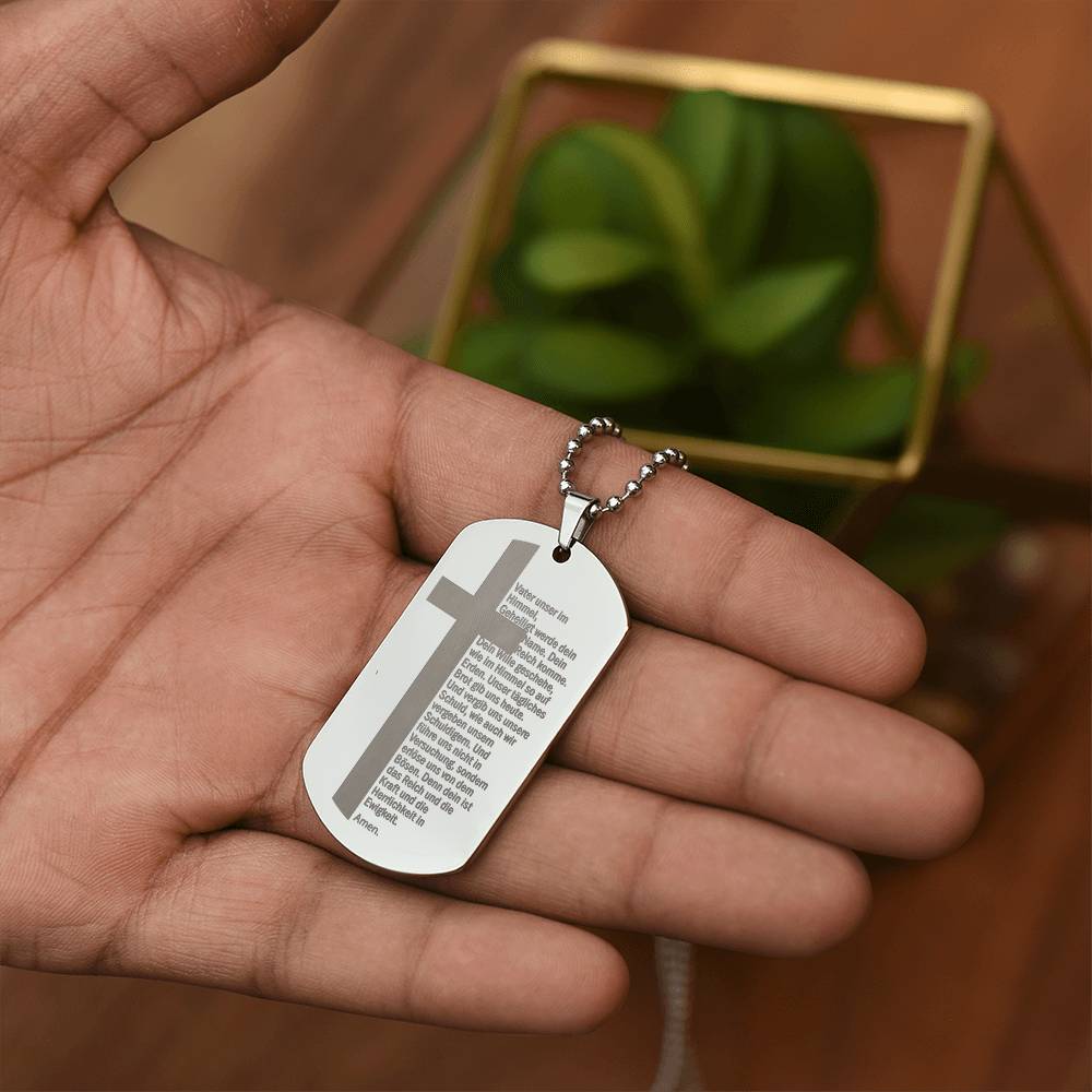 Lord's Prayer German Vater Unser Engraved Dog Tag Necklace Stainless Steel or 18k Gold w 24" Chain-Express Your Love Gifts
