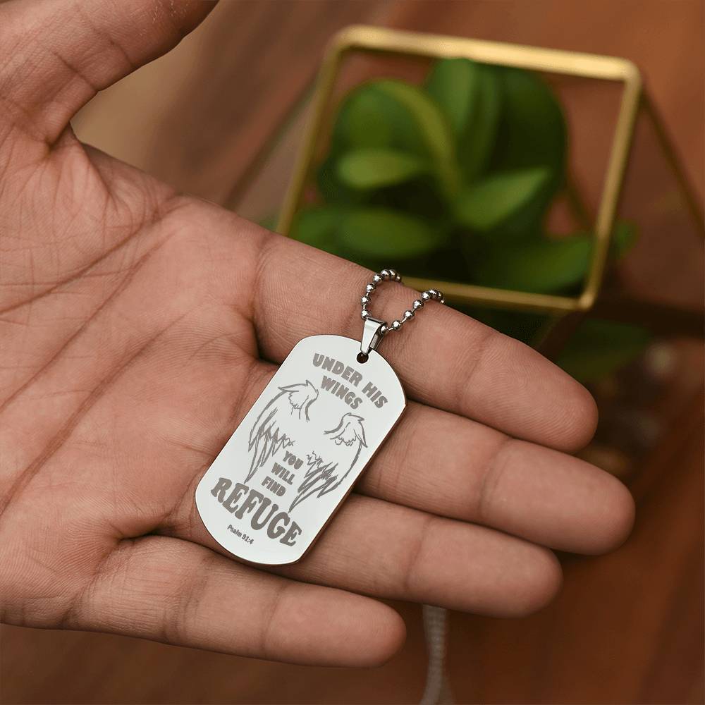Psalm 91 Refuge Under His Wings Engraved Dog Tag Necklace Stainless Steel or 18k Gold w 24" Chain-Express Your Love Gifts