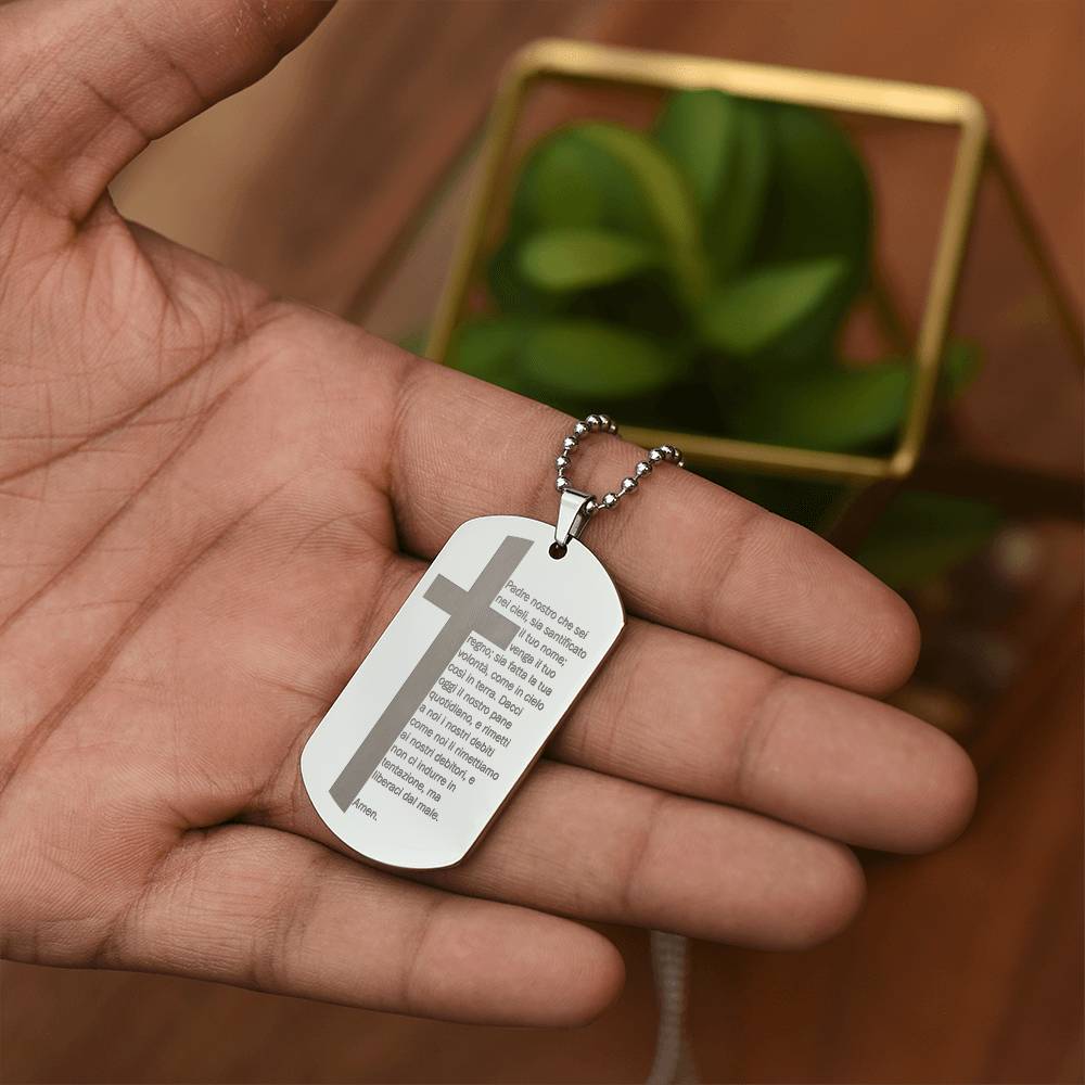 Lord's Prayer Italian Padre Nostro Engraved Dog Tag Necklace Stainless Steel or 18k Gold w 24" Chain-Express Your Love Gifts
