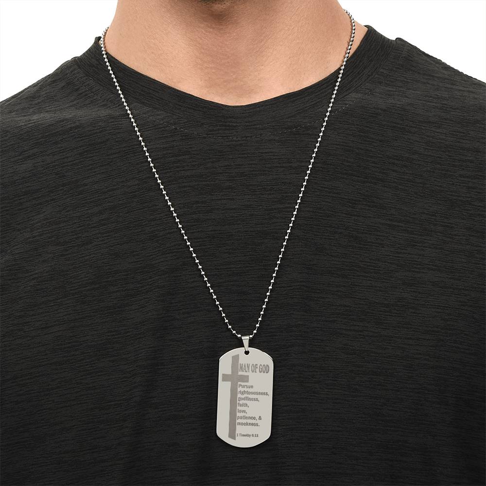 Man of God Pursuing 1 Timothy 6.11 Engraved Dog Tag Necklace Stainless Steel or 18k Gold w 24" Chain-Express Your Love Gifts