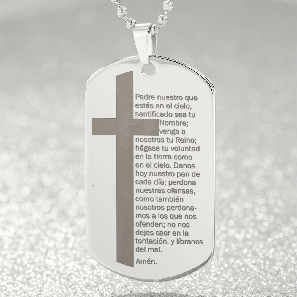 Lords Prayer Spanish Padre Nuestro Engraved Dog Tag Necklace Stainless Steel or 18k Gold w 24" Chain-Express Your Love Gifts