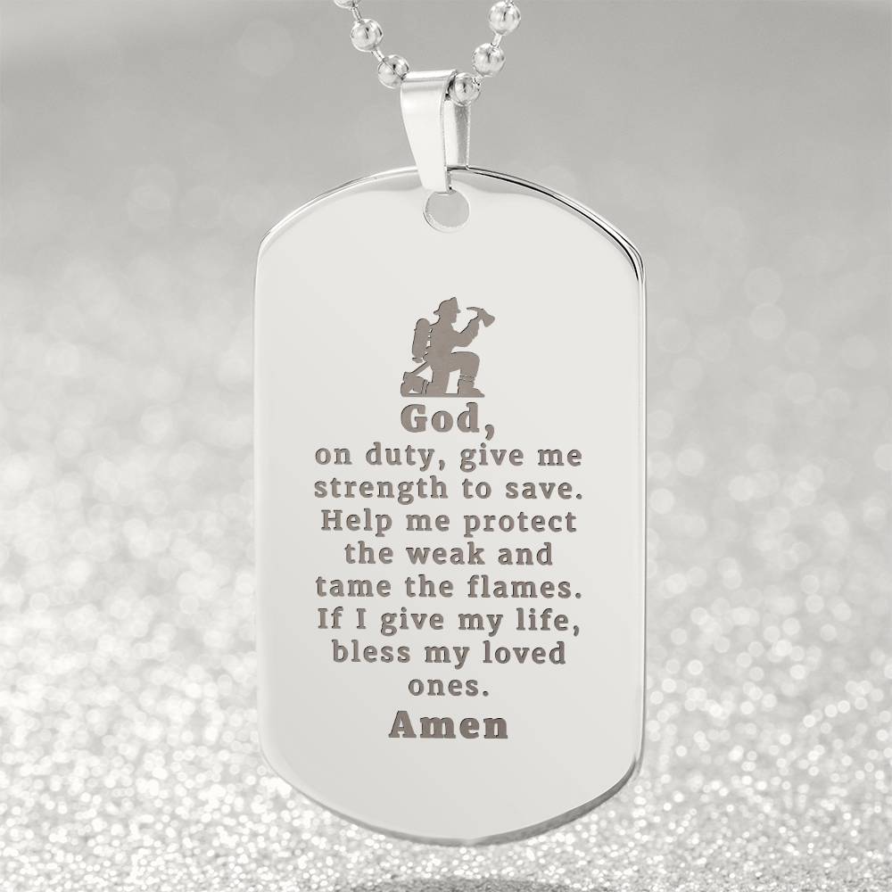 Firefighter's Prayer Engraved Dog Tag Bible Necklace Stainless Steel or 18k Gold w 24" Chain
