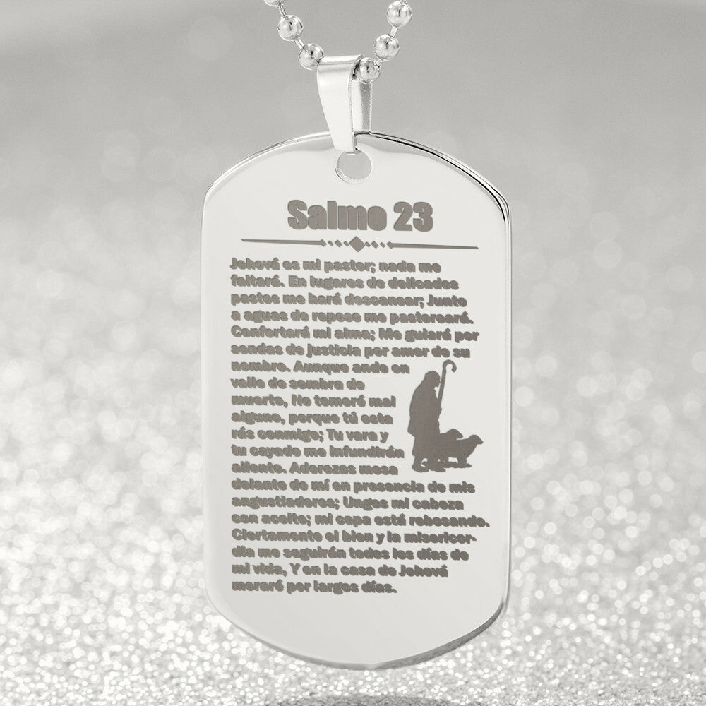 Psalm 23 Spanish Salmo 23 Engraved Dog Tag Necklace Stainless Steel or 18k Gold w 24" Chain-Express Your Love Gifts