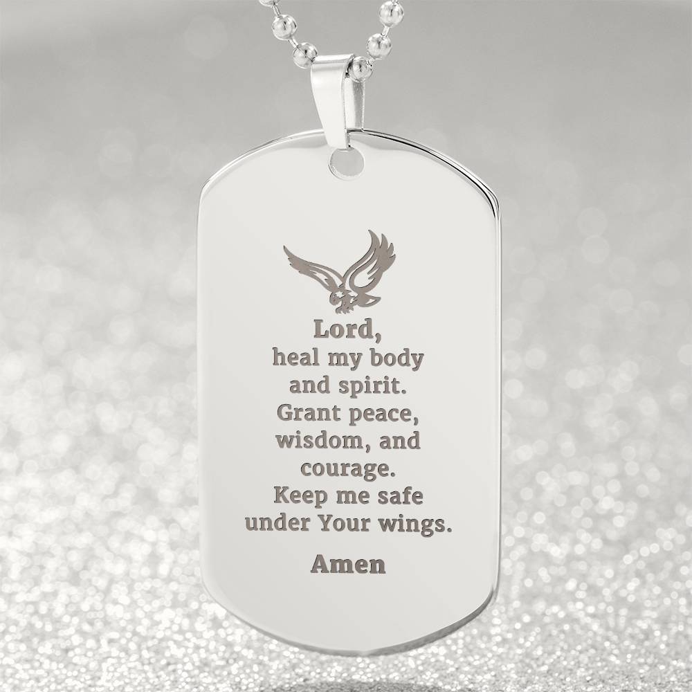 Veterans Prayer Engraved Dog Tag Bible Necklace Stainless Steel or 18k Gold w 24" Chain