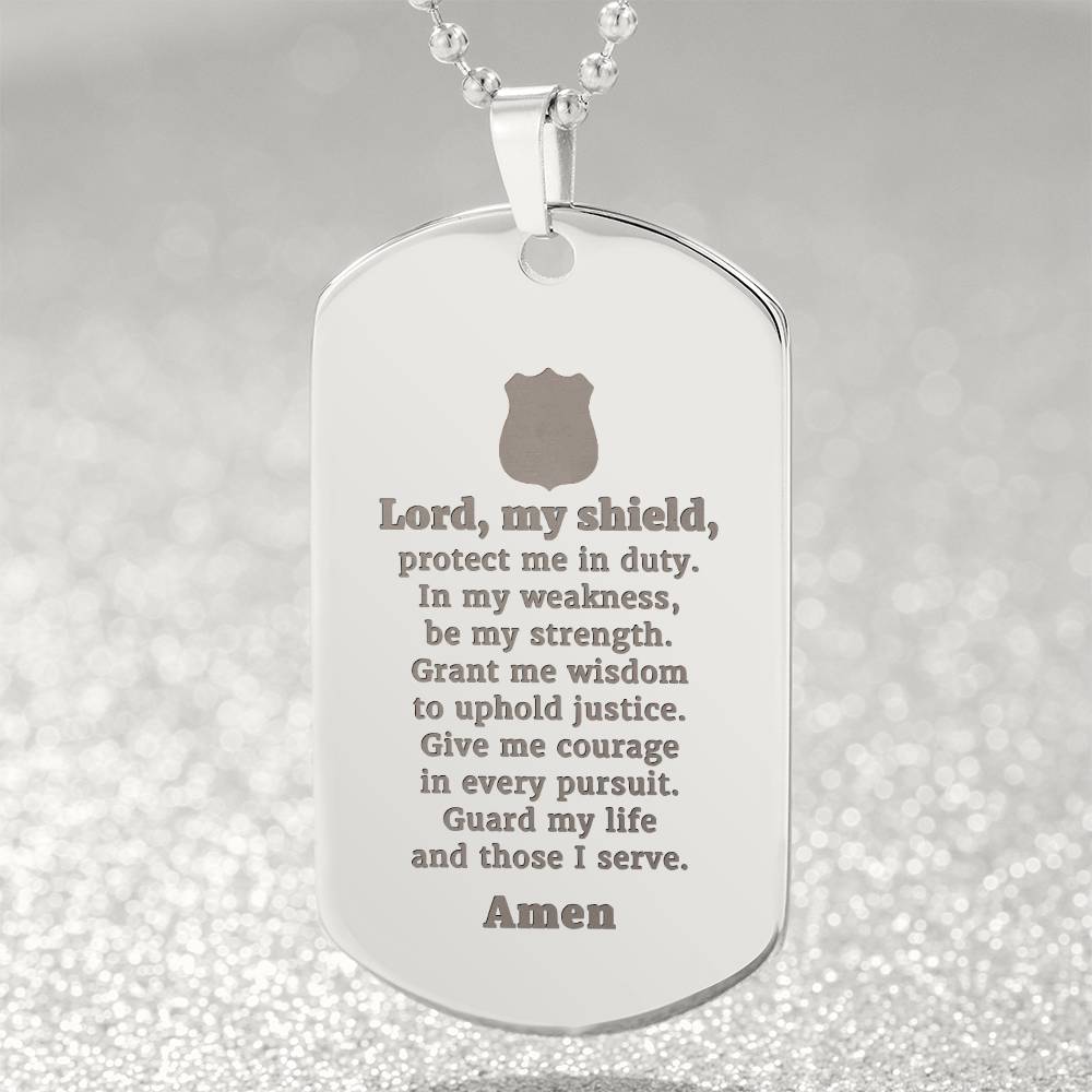 Police Prayer Badge Engraved Dog Tag Bible Necklace Stainless Steel or 18k Gold w 24" Chain