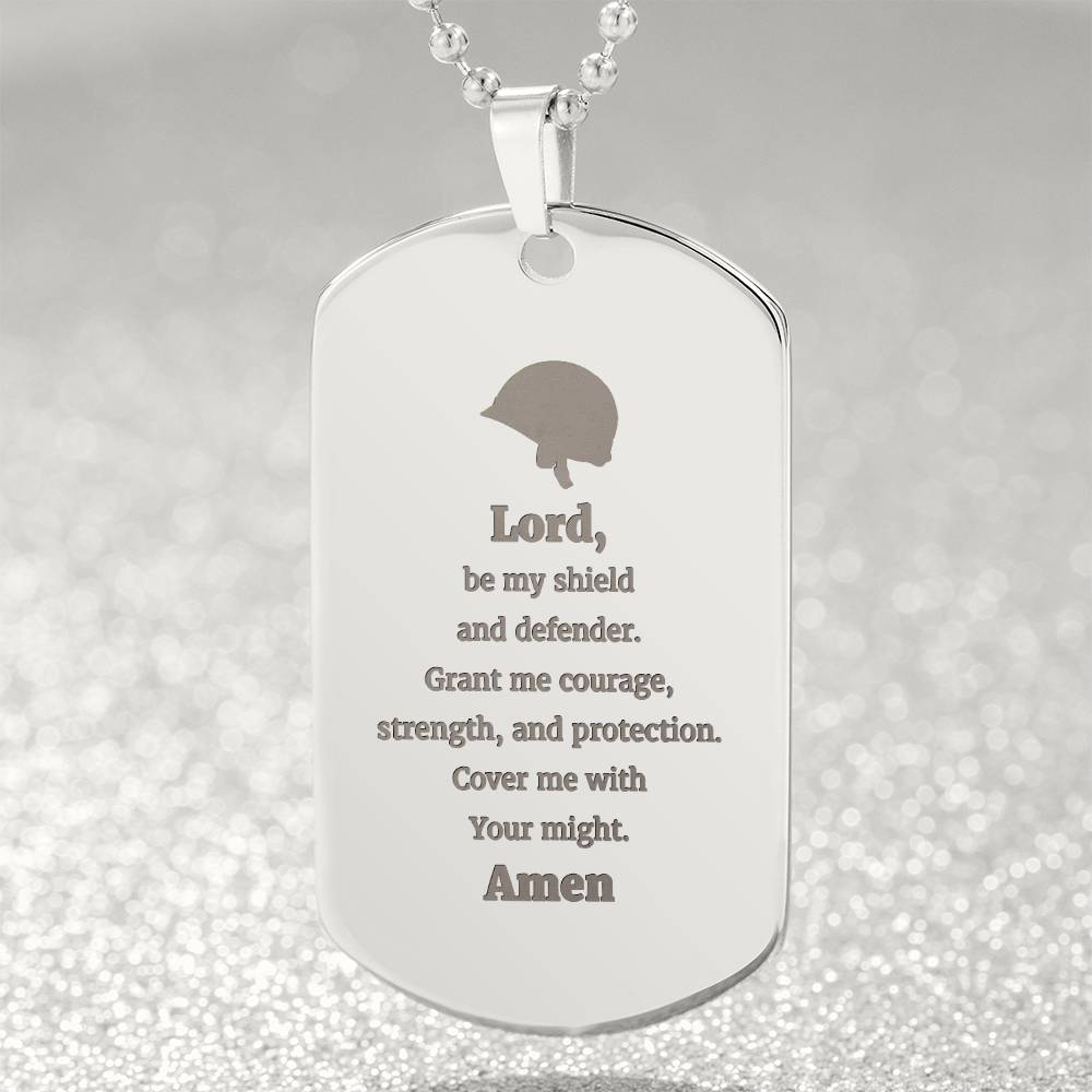 Soldiers Prayer Engraved Dog Tag Bible Necklace Stainless Steel or 18k Gold w 24" Chain