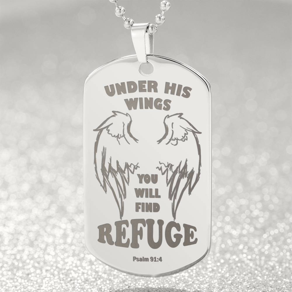Psalm 91 Refuge Under His Wings Engraved Dog Tag Necklace Stainless Steel or 18k Gold w 24" Chain-Express Your Love Gifts