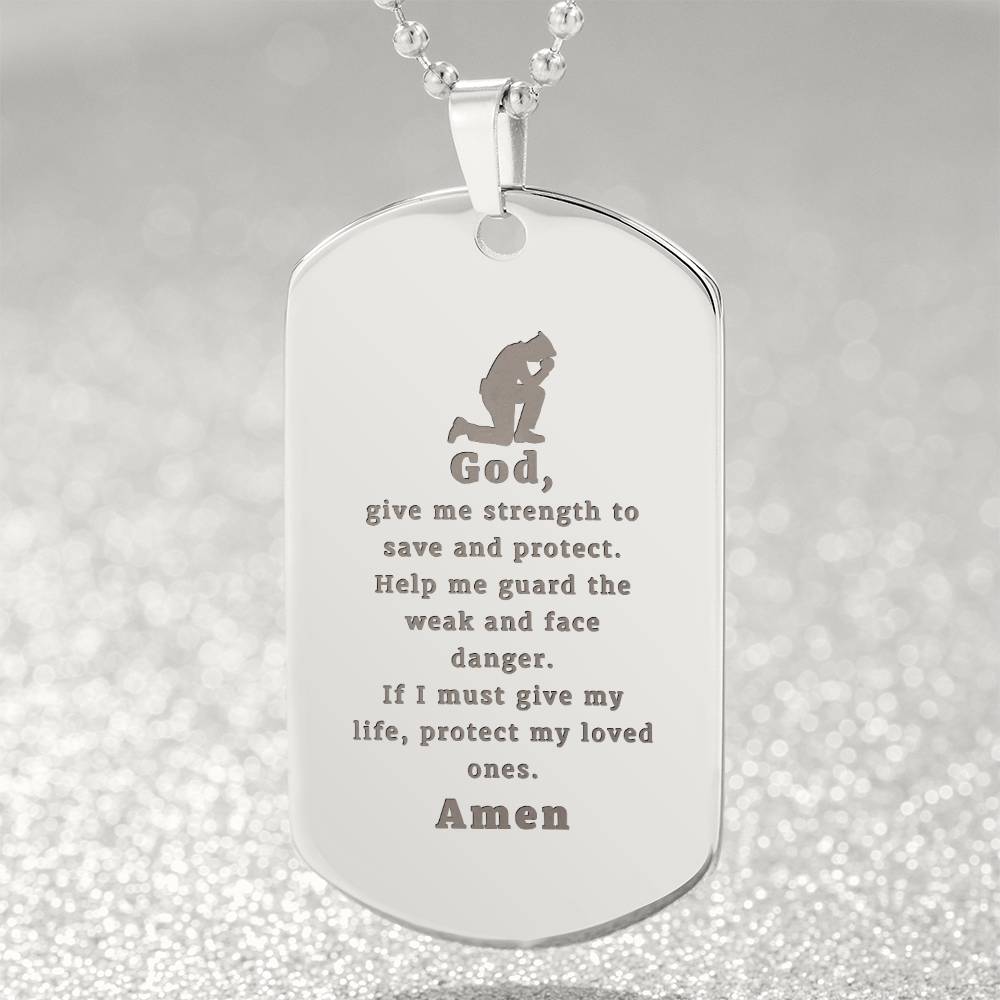 Police Officers Prayer Engraved Dog Tag Bible Necklace Stainless Steel or 18k Gold w 24" Chain