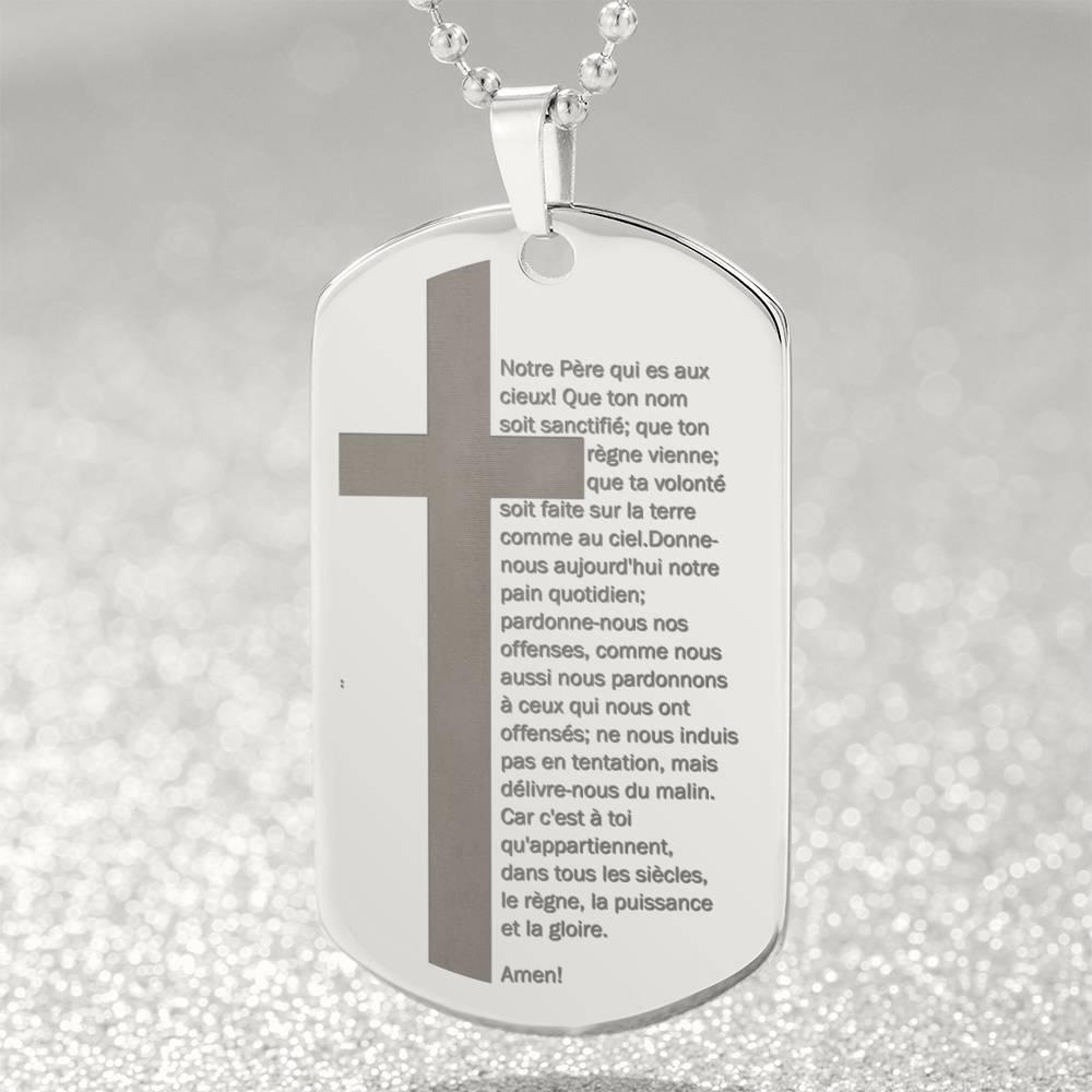 Lord's Prayer French Notre Père Dogtag Engraved Dog Tag Necklace Stainless Steel or 18k Gold w 24" Chain-Express Your Love Gifts