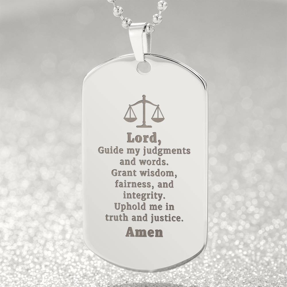 Judge and Lawyers Prayer Engraved Dog Tag Bible Necklace Stainless Steel or 18k Gold w 24" Chain