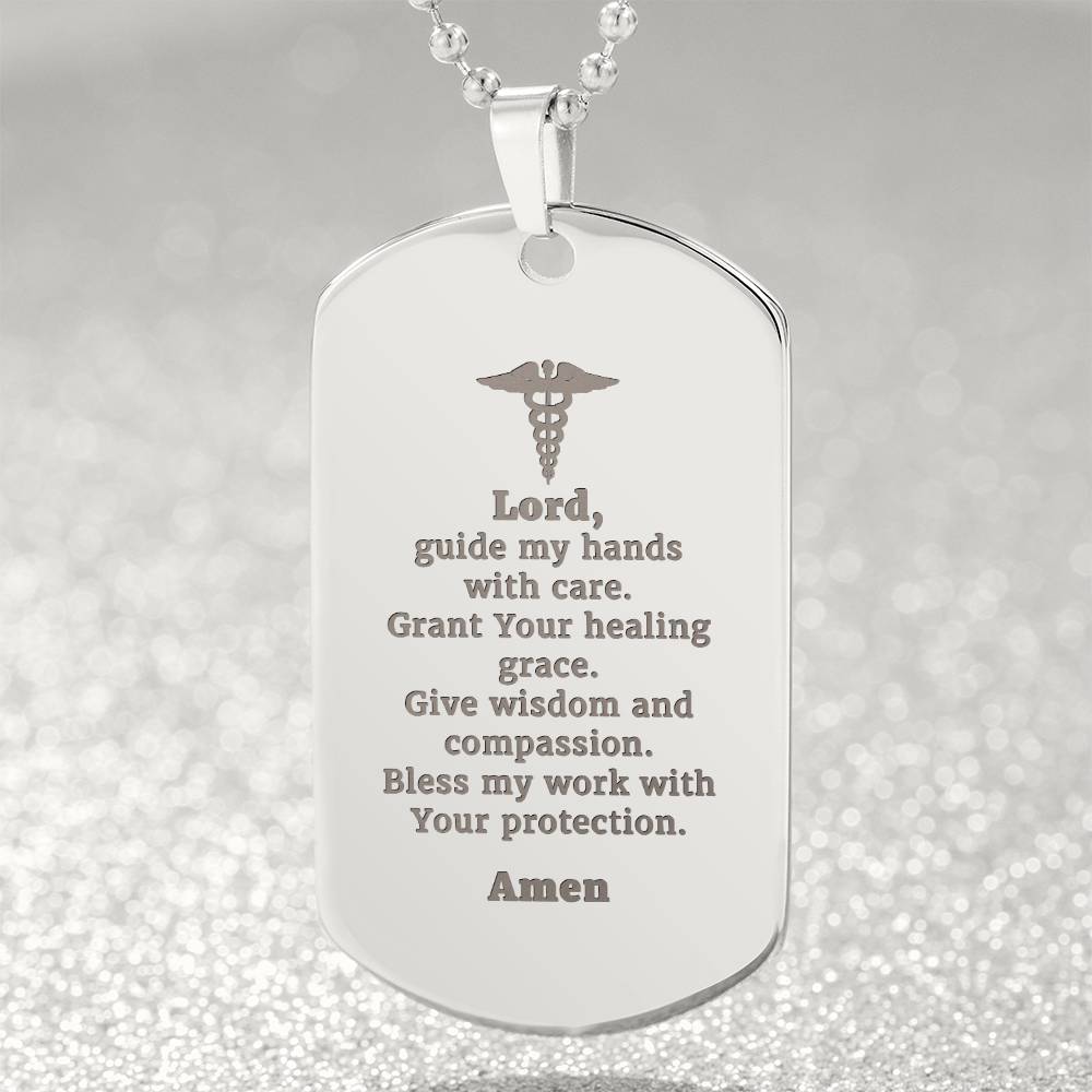 Doctors Prayer Engraved Dog Tag Bible Necklace Stainless Steel or 18k Gold w 24" Chain