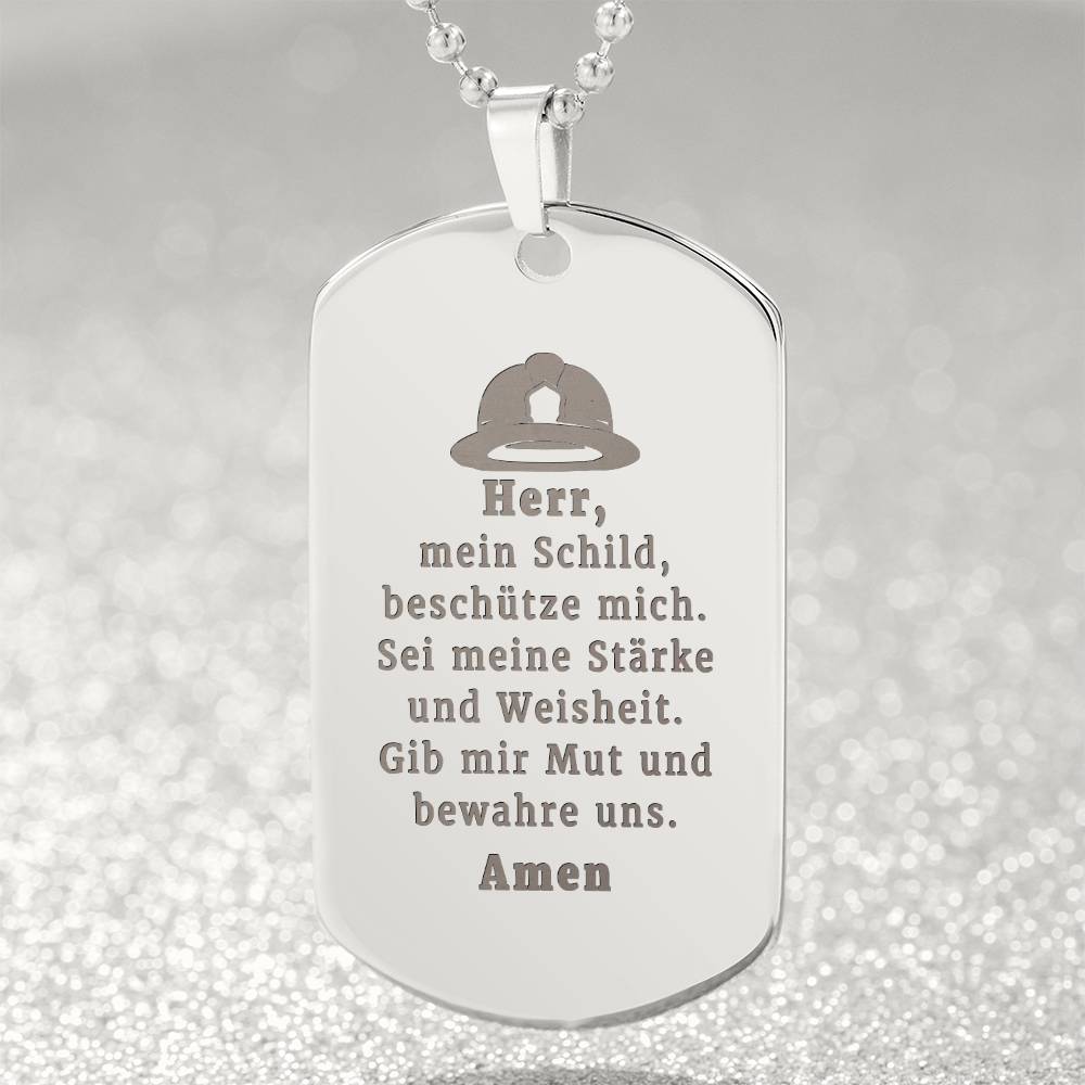Feuerwehrmann German Firefighter Prayer Engraved Dog Tag Bible Necklace Stainless Steel or 18k Gold w 24" Chain