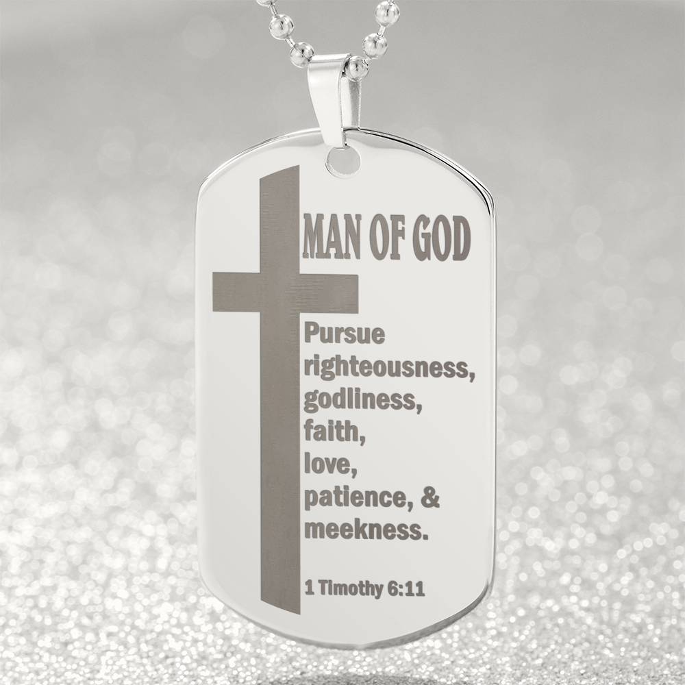 Man of God Pursuing 1 Timothy 6.11 Engraved Dog Tag Necklace Stainless Steel or 18k Gold w 24" Chain-Express Your Love Gifts