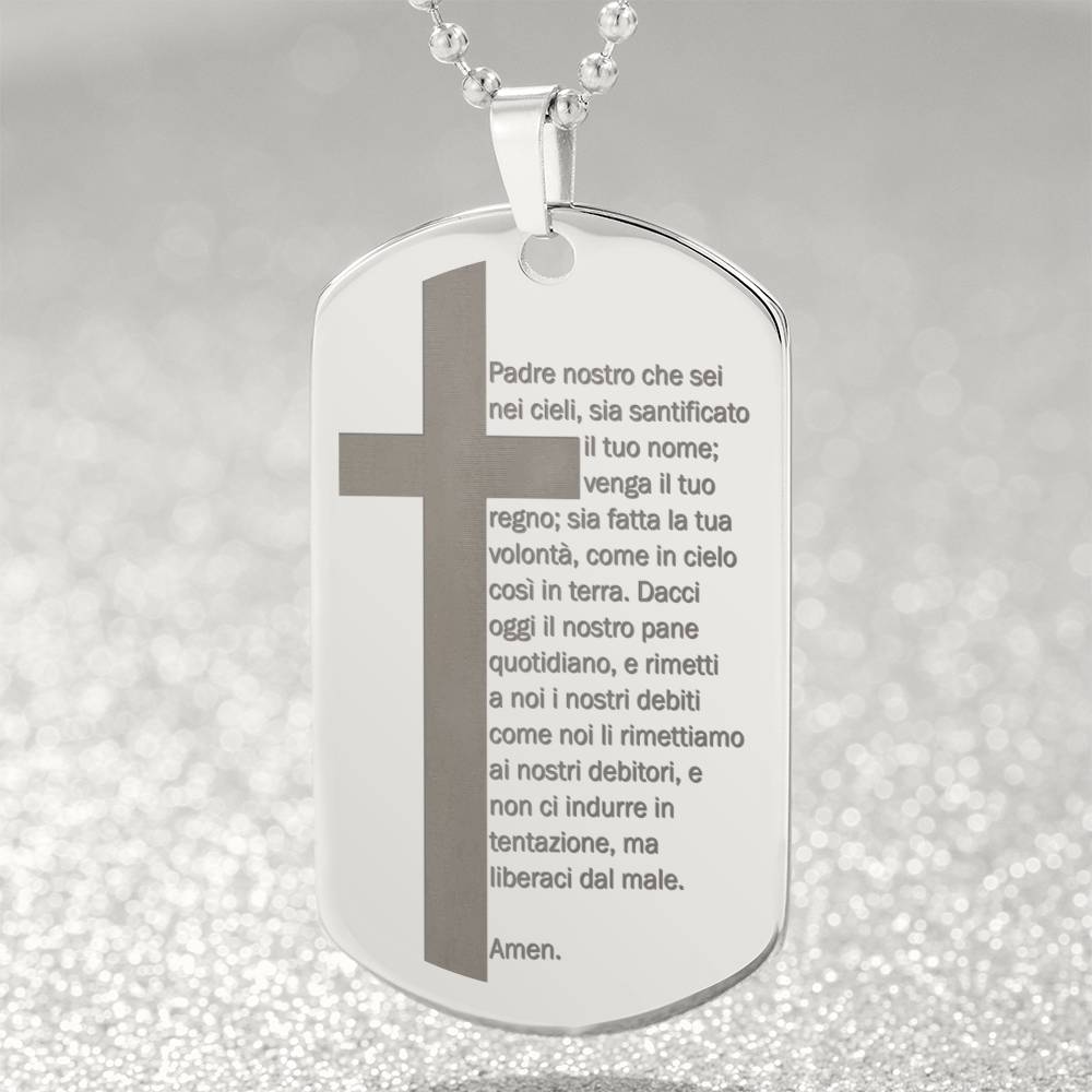 Lord's Prayer Italian Padre Nostro Engraved Dog Tag Necklace Stainless Steel or 18k Gold w 24" Chain-Express Your Love Gifts
