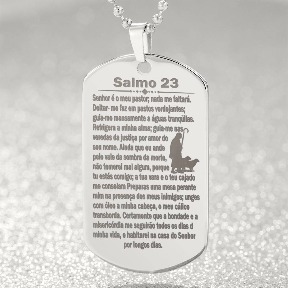 Psalm 23 Portuguese Salmo 23 Engraved Dog Tag Necklace Stainless Steel or 18k Gold w 24" Chain-Express Your Love Gifts