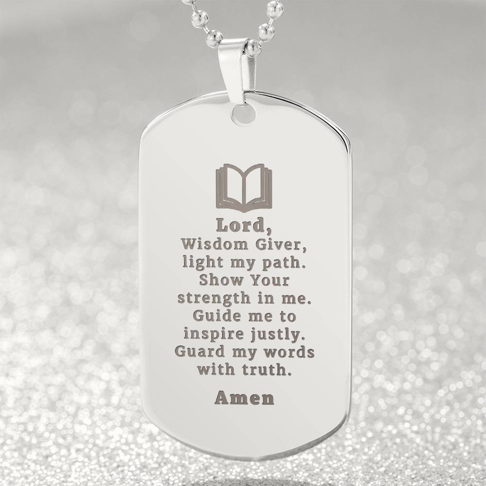 Teachers Prayer Engraved Dog Tag Bible Necklace Stainless Steel or 18k Gold w 24" Chain