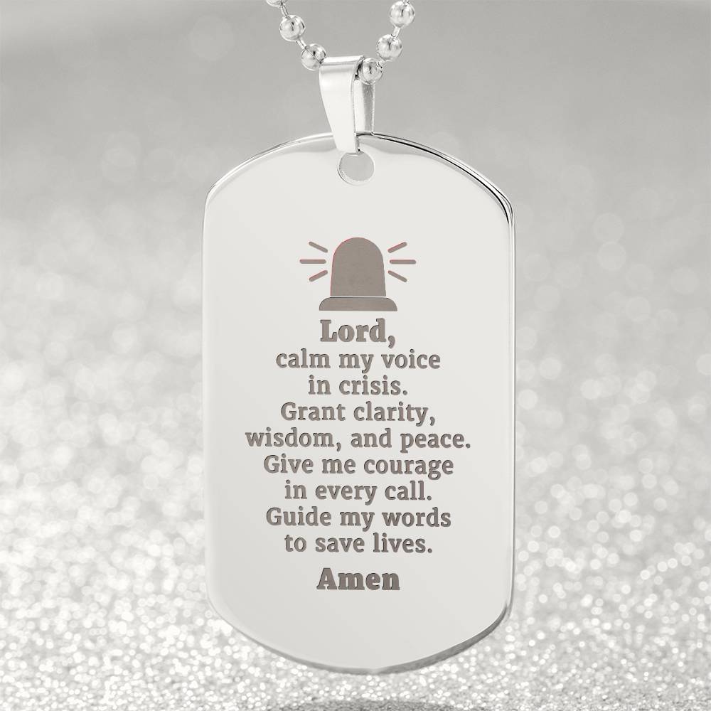 Dispatcher's Prayer Engraved Dog Tag Bible Necklace Stainless Steel or 18k Gold w 24" Chain