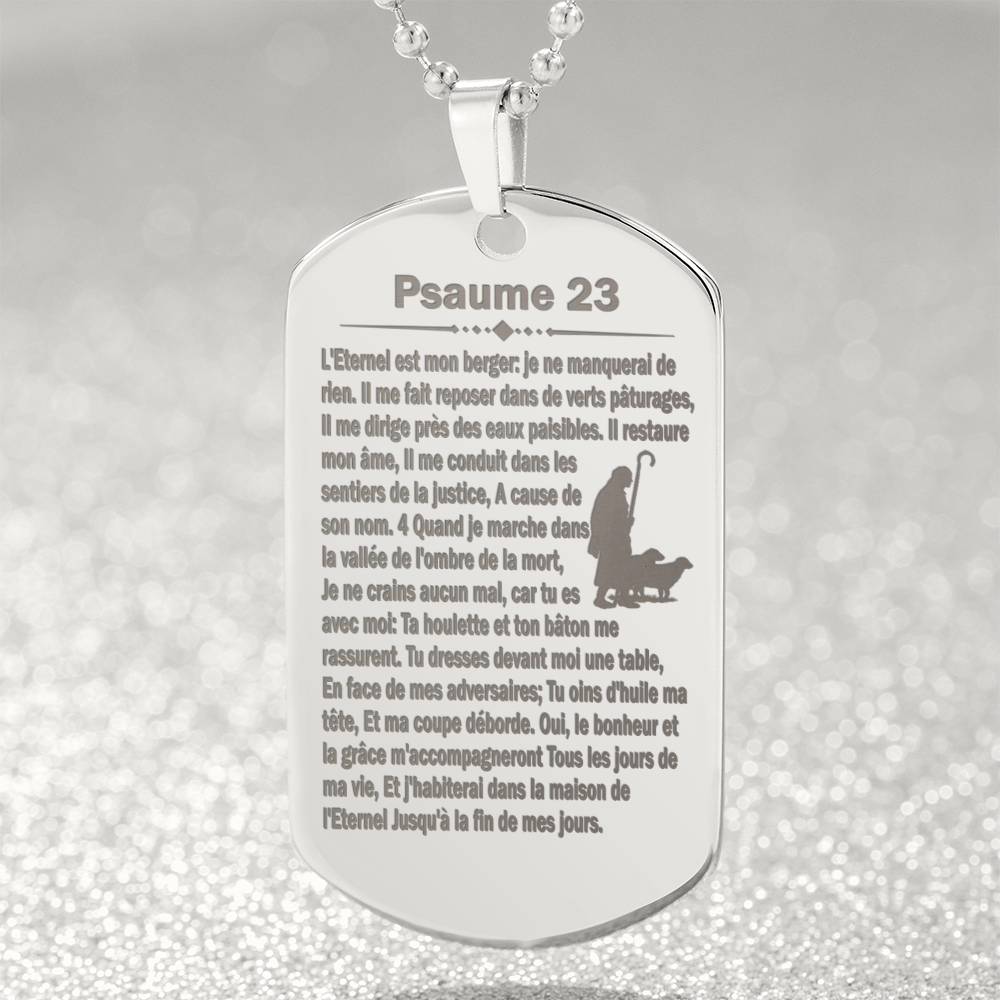 Psalm 23 French Psaume 23 Engraved Dog Tag Necklace Stainless Steel or 18k Gold w 24" Chain-Express Your Love Gifts