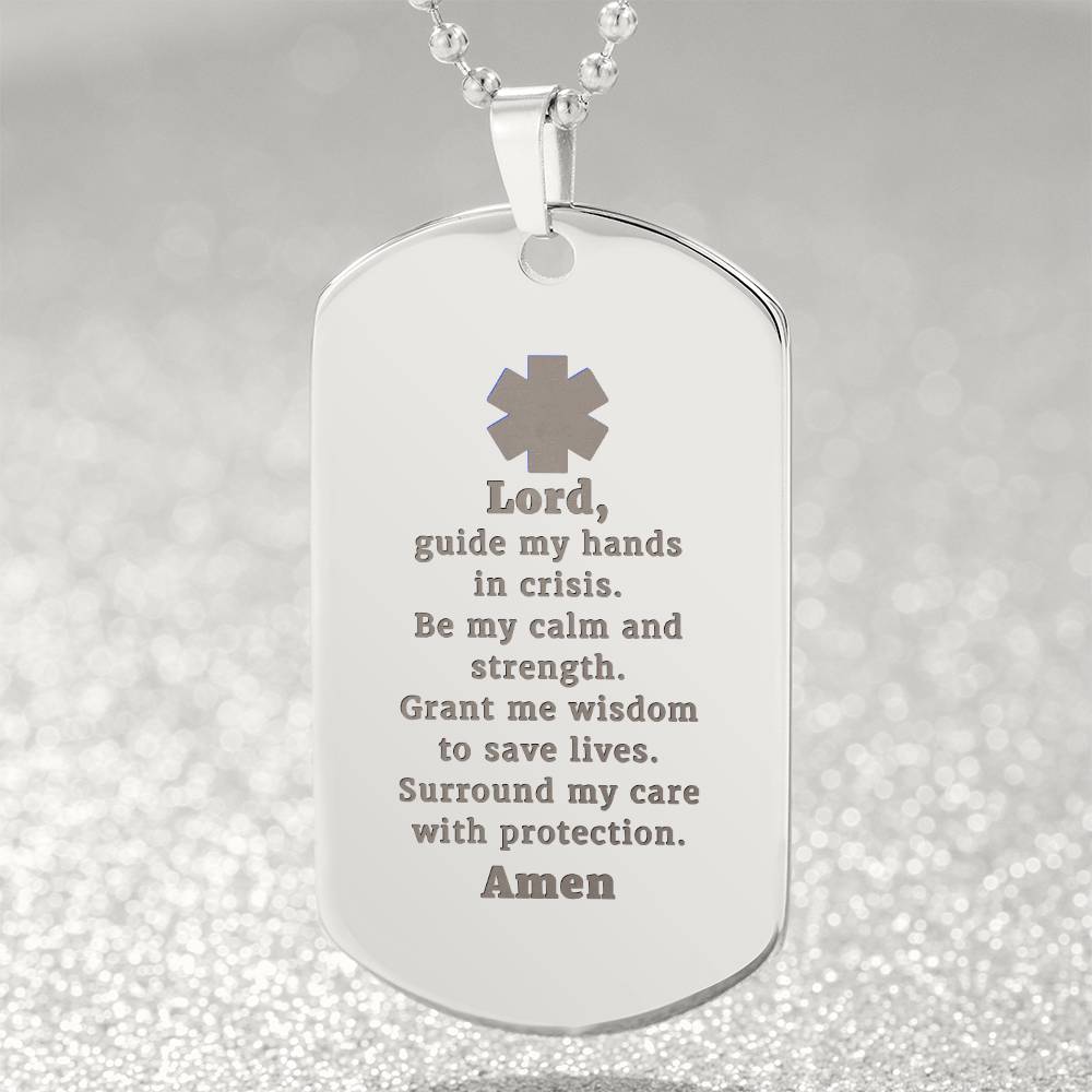 EMT Prayer Engraved Dog Tag Bible Necklace Stainless Steel or 18k Gold w 24" Chain
